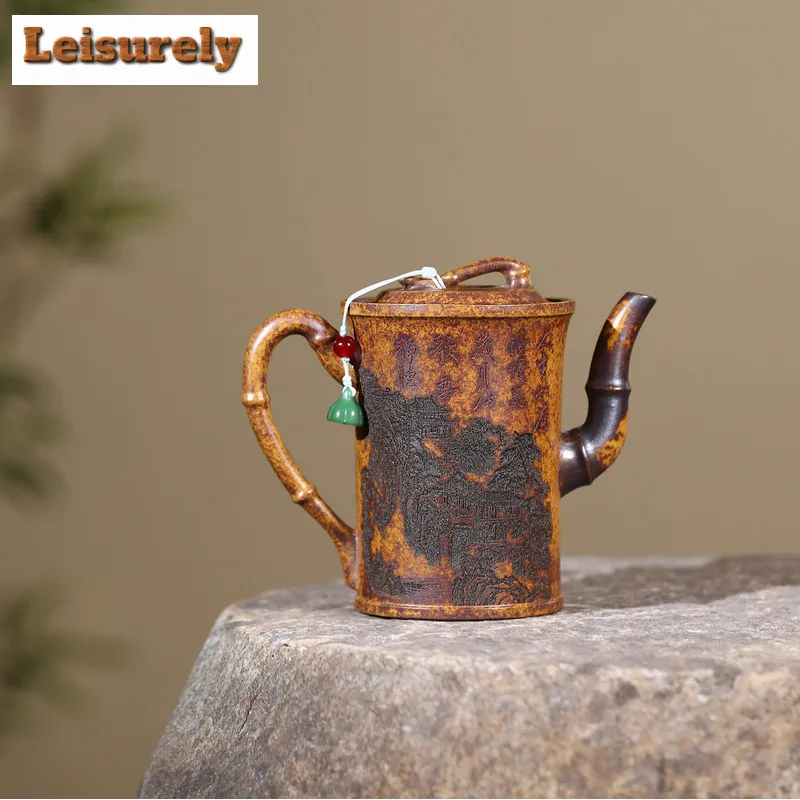 330ml Yixing Purple Clay Teapots Handmade High Bamboo Joint Pot Raw Ore The Keel Gold Sand Mud Kettle With Strainer Zisha Teaset