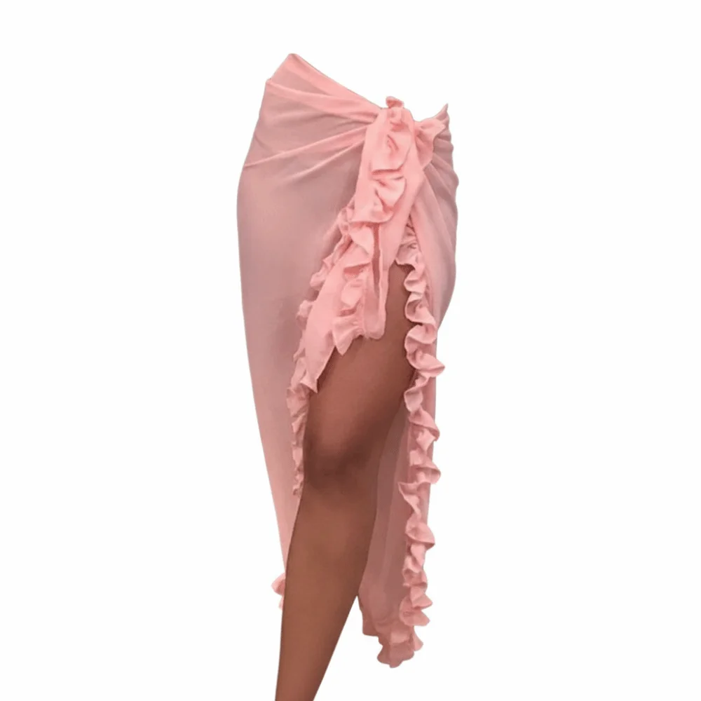 Monokini Ruffle Design Sarong Chiffon Material Solid Color Beach Dress Sheer Fabric Long Length Pareo Dress Beach Wear 1