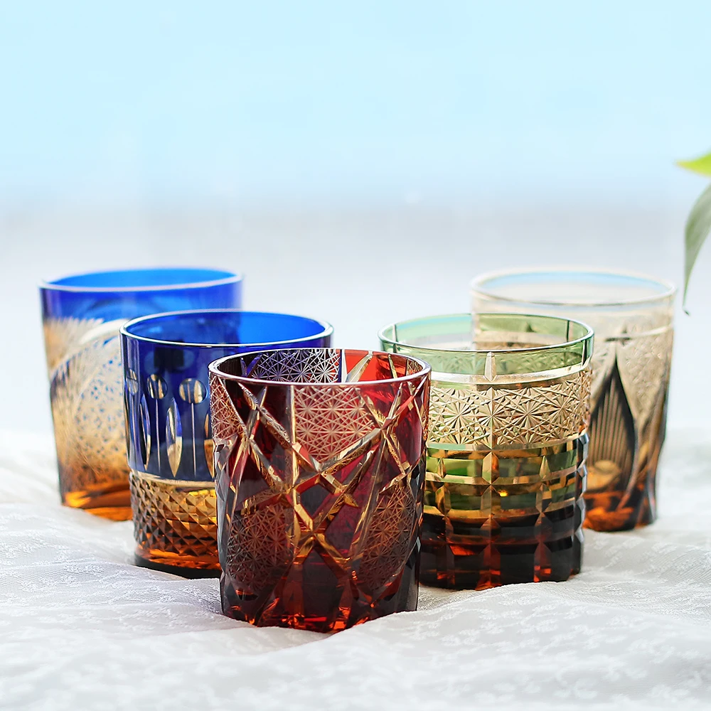 Handmade Japanese Style Edo Kiriko Whiskey Glass Tumbler Colored Hand Cut To Clear Glasses Color Tinted Old Fashioned Glasses