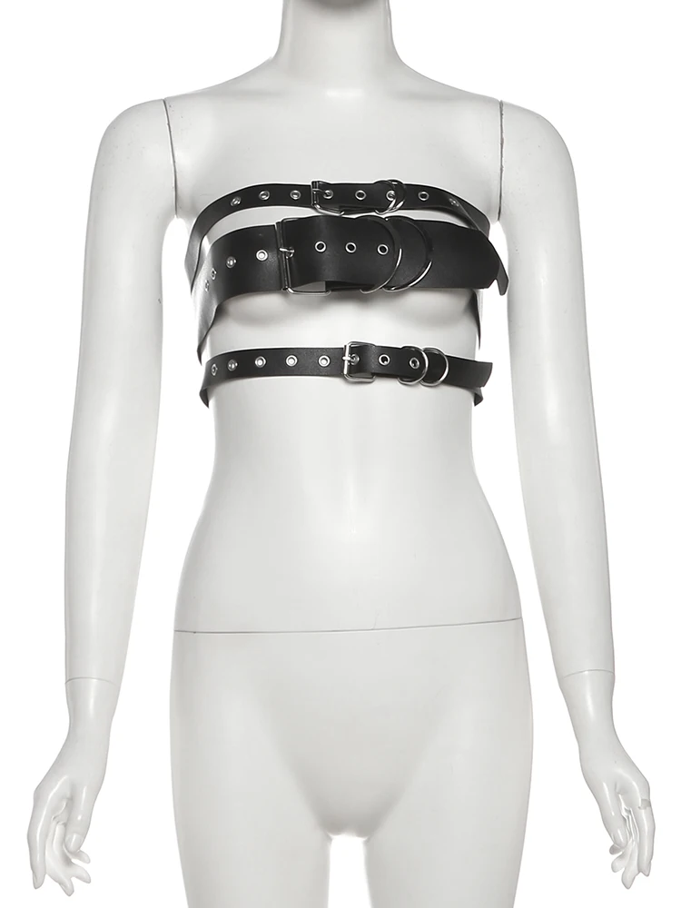 Nibber Coquette Sexy Tank Top Women PU Leather Hollow Metal Buckle Sleeveless Midnight Party Clubwear Hottie Punk Style Vest