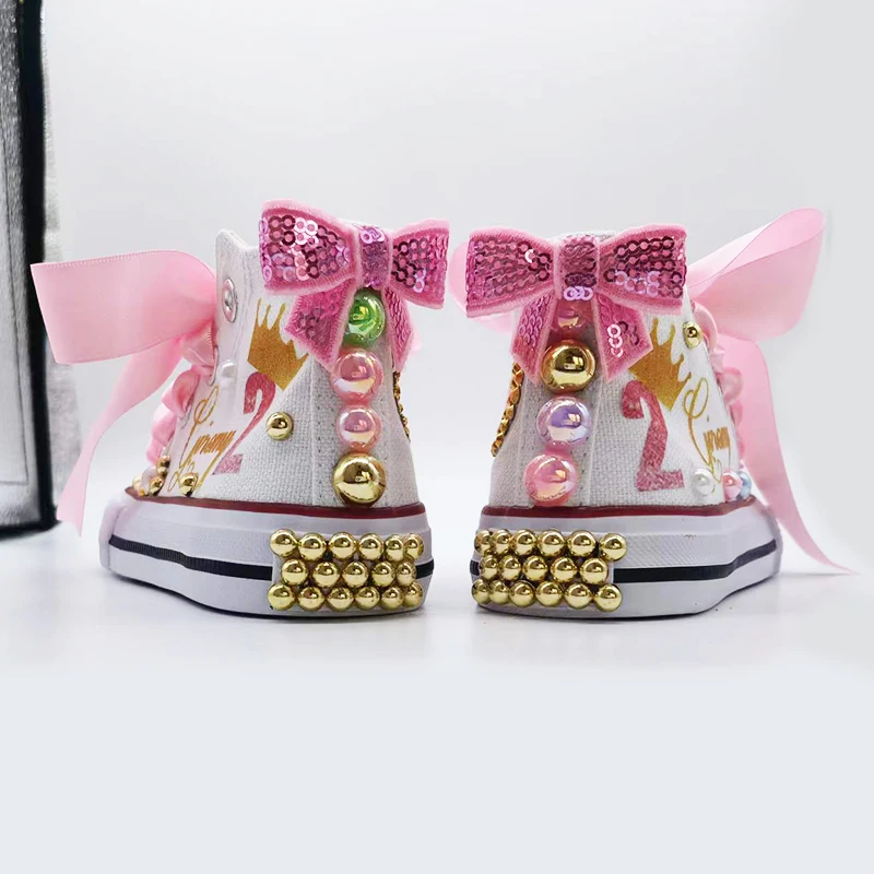 Shell Simulation DIY Bling Handmade Shoes Canvas Ocean Theme Kids High Top  Pearls Sneakers For Girl