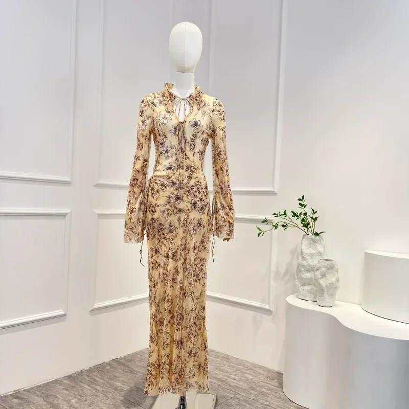 

New Arrivals 2023 Bias-cut Crossover Wrap V-neck Self Ties Raw-cut Trim Floral Long Sleeves Women Romantic Ankle-Length Dress