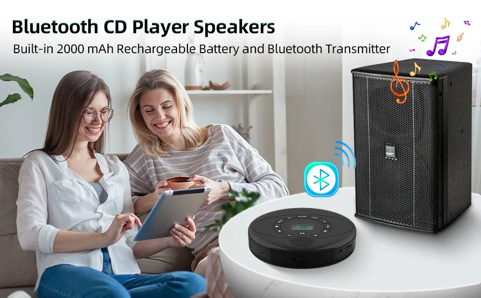 Portable CD Player Bluetooth CD Walkman Built in Speakers Rechargeable CD Player  with USB/AUX/Headphone Port