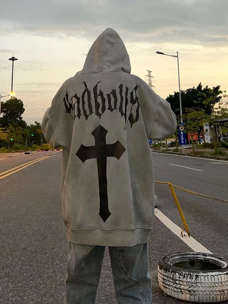 

Unisex Hoodie American Free Street Hoodie Sweatshirt Autumn Retro Style Large Grey Black Fleece Hoodie European Punk Jacket