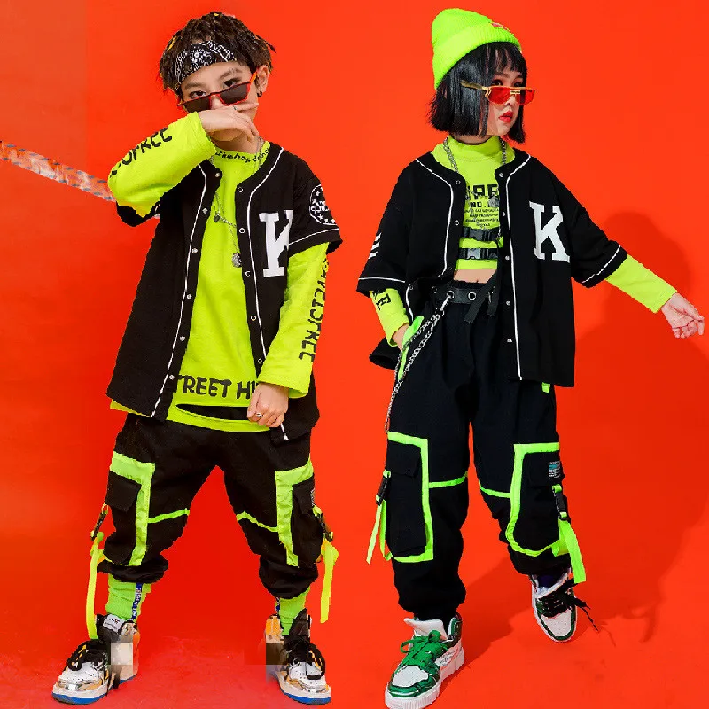 

Kids Performance Hip Hop dancing Outfits Crop Tops Street wear Cargo Pants Girls Boys Jazz Dance Wear Costumes Concert Outfits