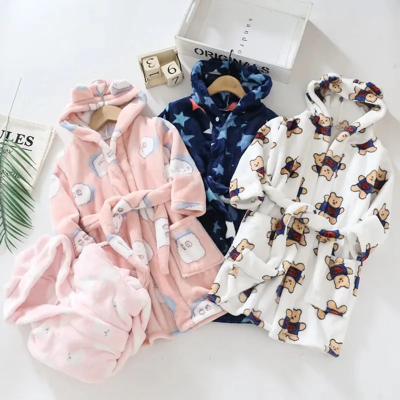 Cartoon Bathrobe For Children Flannel Long Sleeve Hooded Kids Clothes Boys Robe Spring Autumn Winter Baby Bathrobe 2-12 Years