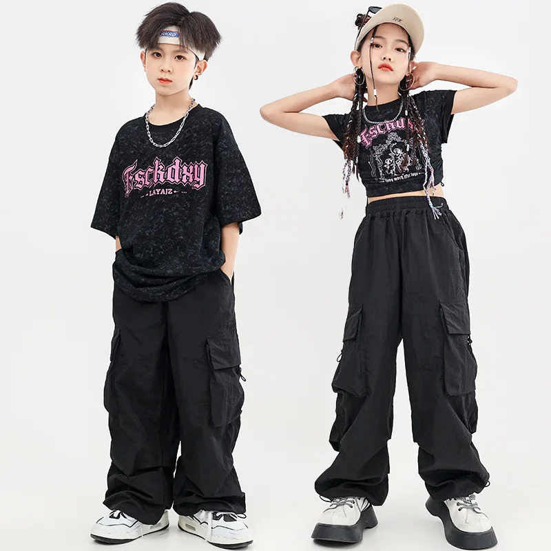 

Summer Teenage Hip Hop Clothing Boys Girls Black Loose Tops T-shirt Streetwear Baggy Cargo Pants Kids Jazz Dance Costume 4-16Y