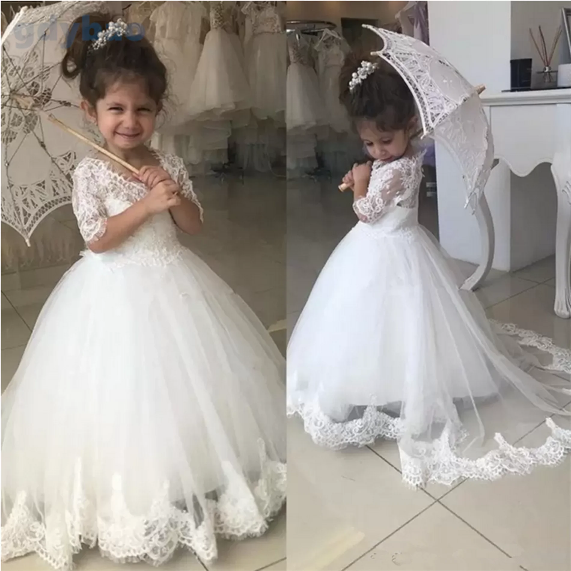 

White Flower Girl Dresses For Weddings Half Sleeve Jewel Sweep Train Appliques Child Birthday Party Gowns First Communion Dress