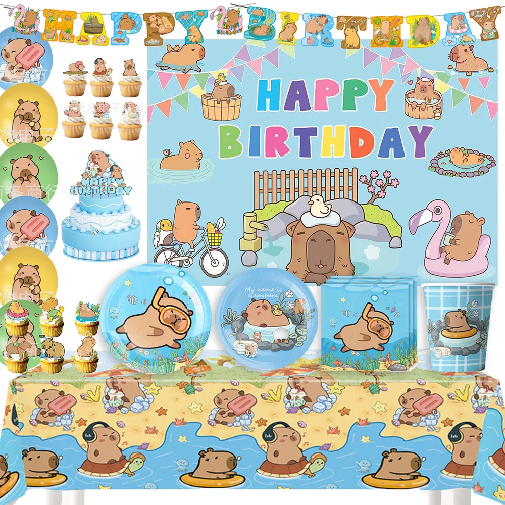 Description Picture 2 of itemCute Capybara Theme Baby Birthday Party Disposable Tableware Plates Balloon Banner Background Decoration Supplies Children Gifts