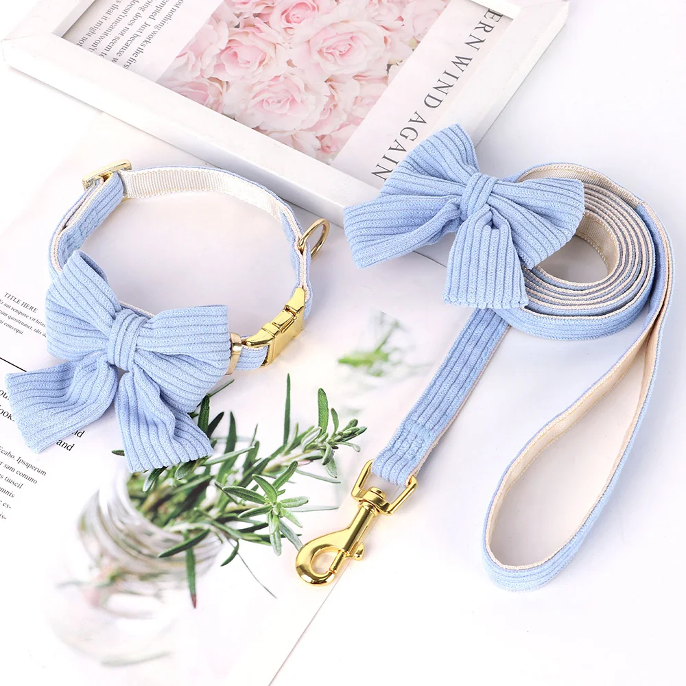 Cute Dog Collar Leash Set With Bowknot Soft Velvet - PeticaDeals