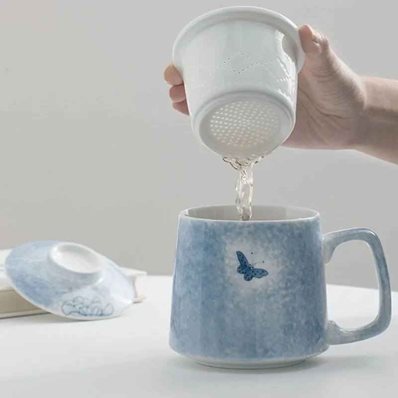 Hand Drawn Butterfly Love Flower Pattern Tea Water Separating Ceramic Office Tea Cup, Porcelain Belt Cover Filter Mug 350ML, 1Pc