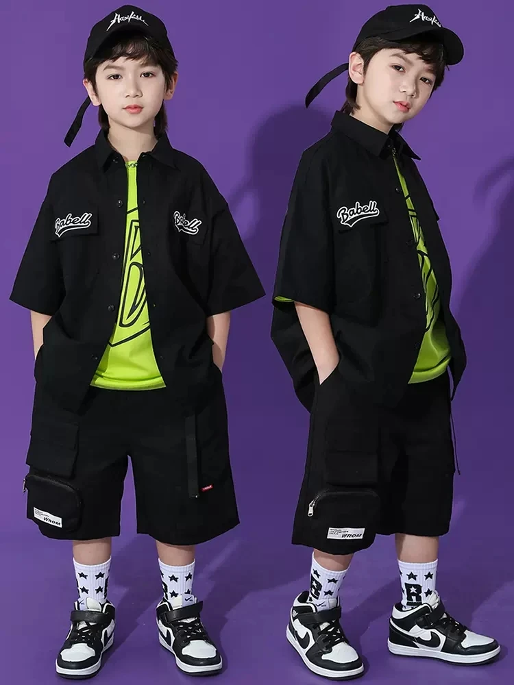

Fashion Boys Hip Hop Clothes Short Sleeves Black Coat Shorts Summer Girls Jazz Dance Costume Loose Casual Jogger Wear BL10634
