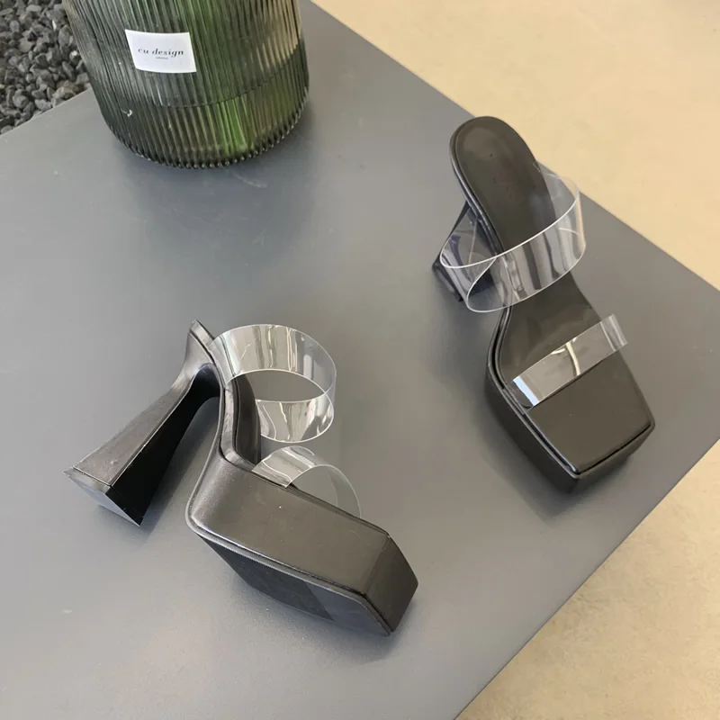 2024 Square Toe Shoes Fashion Women High Heel Slippers Comfortable Chunky Heel Crystal Slides Platform Modern Sandals for Women