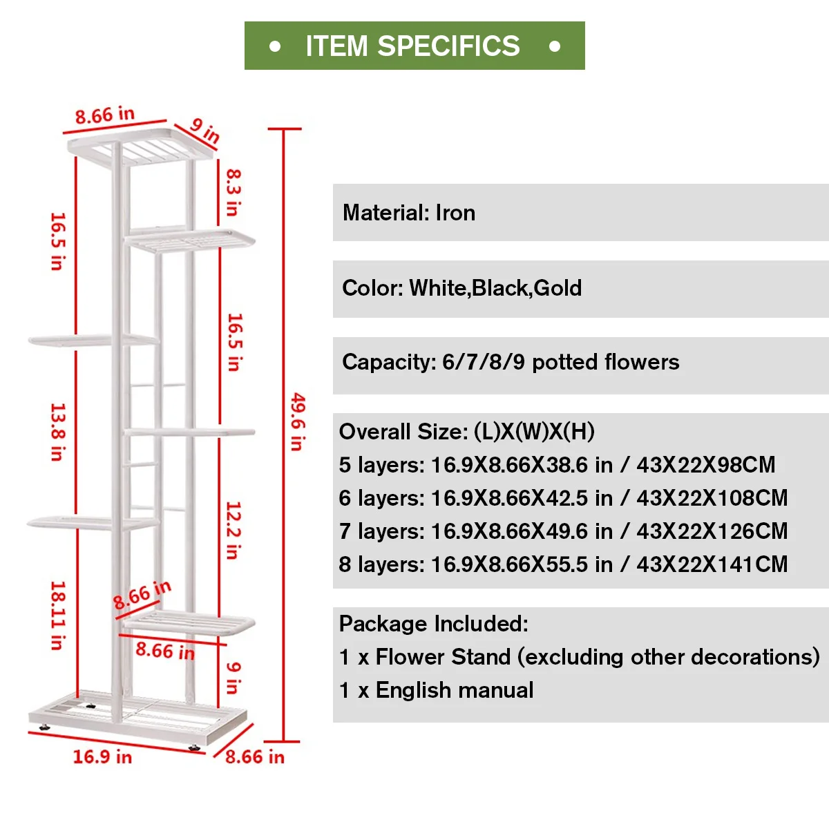 Plant Stand Iron Shelves For Plant Multi -Storey Floor -To -Ceiling Balcony Pot Plant Stand Flower Rack Living Room Lobby Display Flower Stand