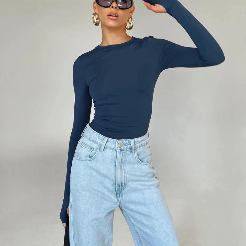 

Womens Basic Round Neck Slim Fitted T-Shirts Thumb Holes Long Sleeve Plain Solid Color Bodycon Pullover Crop Top Blouse