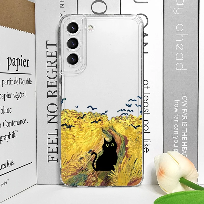 Vintage Oil Painting Black Cat Scenery Clear Phone Case