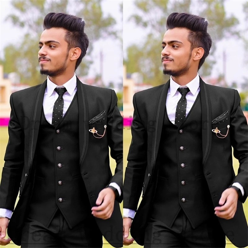 

Black Men Suits Set 3 Pcs Blazer+Vest+Pants High Quality Jacket Wedding Tuxedo Custom Made Formal Party Prom costume homme