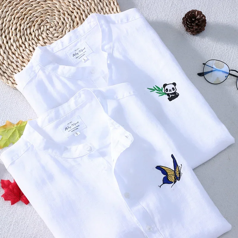 Men Casual Shirt Schinteon 100% Pure Linen Summer Stand Collar Short Sleeved Comfortable Pullover Shirt