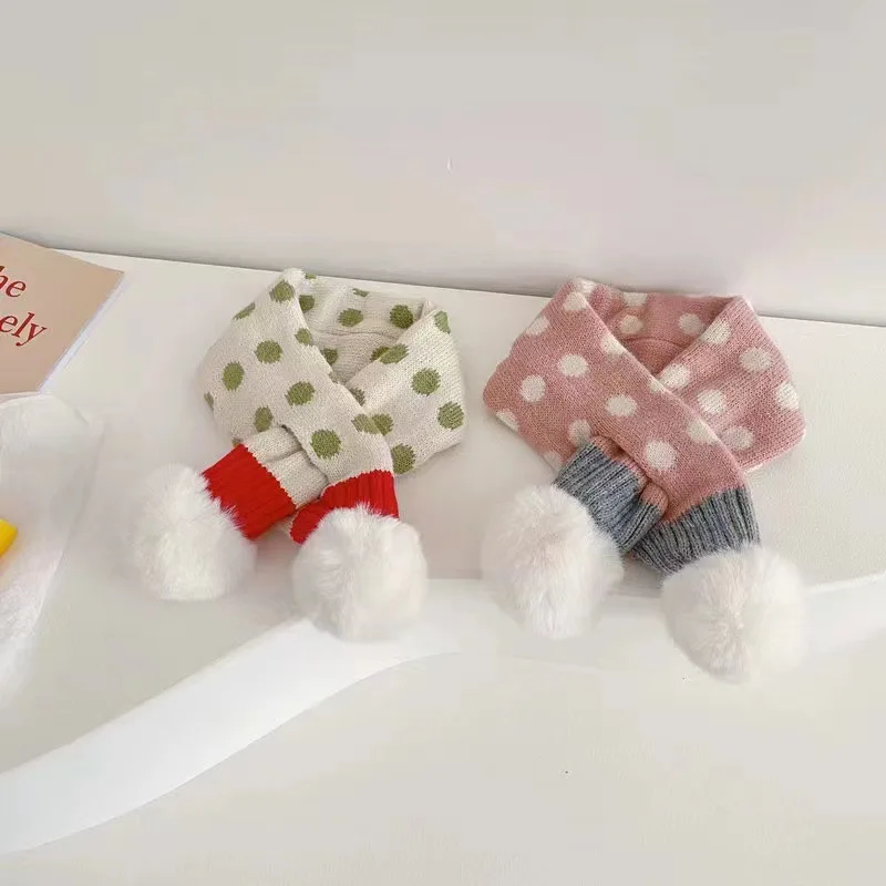 Plush Pompom Baby Scarf Winter Warm Kids Knitted Scarves 2-6 Years Boys Girls Cross Neckerchief Dot Print Children Neck Collar