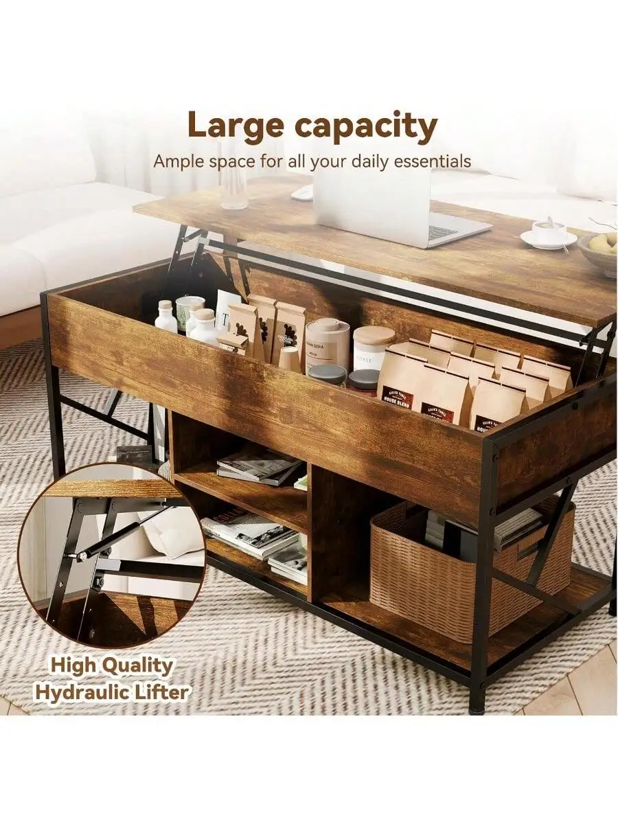 47.2 inches Lift Top Coffee Table for Living Room Rectangular Wooden Coffee Table with Large Hidden Storage and 4 Open C 5