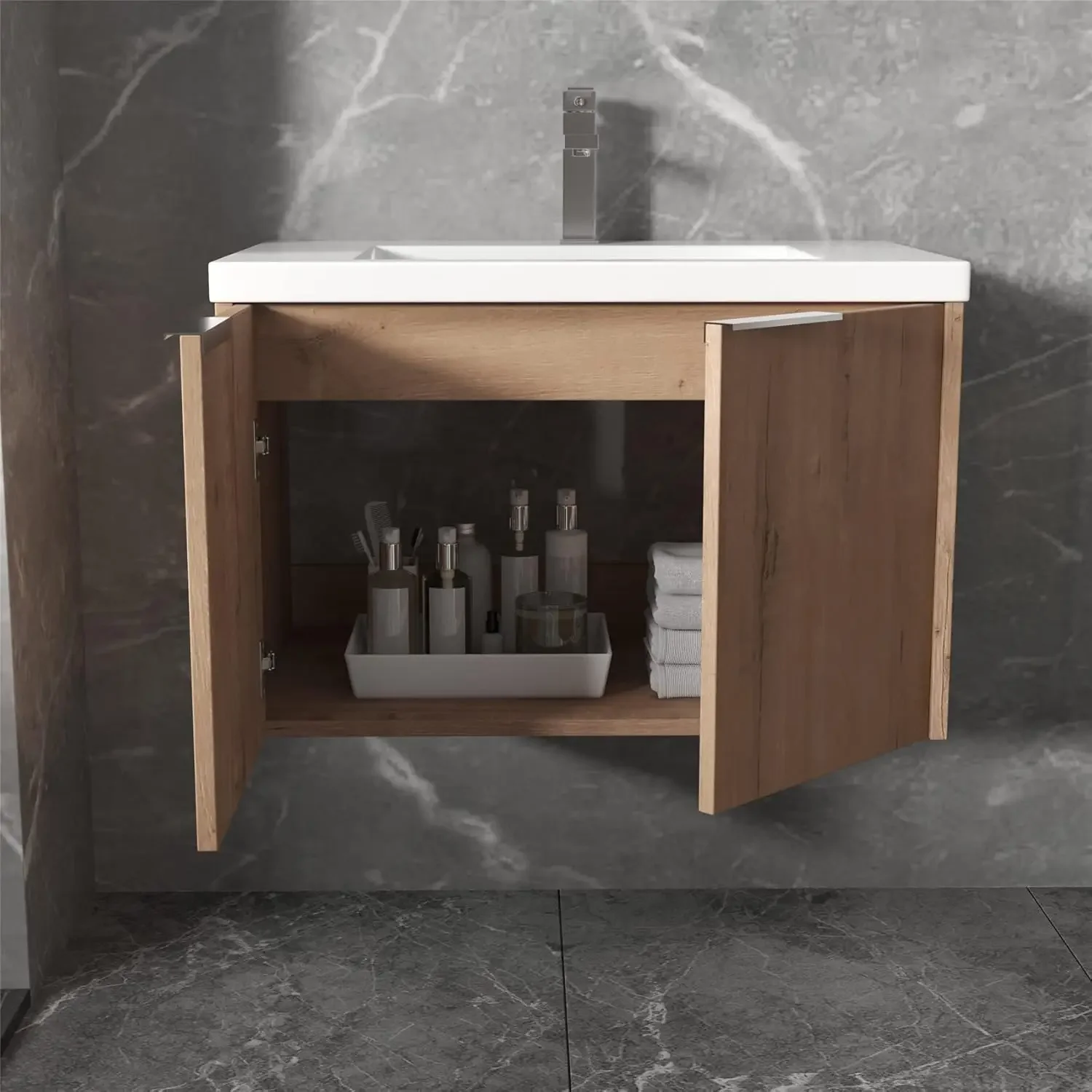 Wall Mounted Bathroom Vanity with Sink Combo Modern 30-Inch Single Bathroom Vanity Set with Top Basin &Storage Cabinet Wood 5