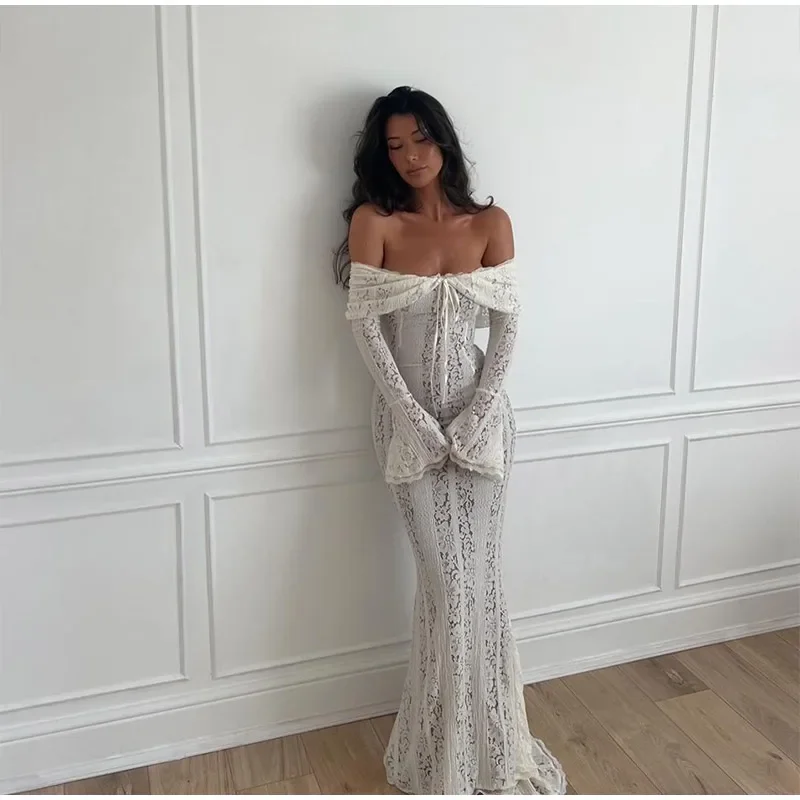 Sexy Hollow Out Lace Maxi Dress Female Backless See-Through Slim Lace-Up Bandeau Dress Women's White Luxury Long Dress New