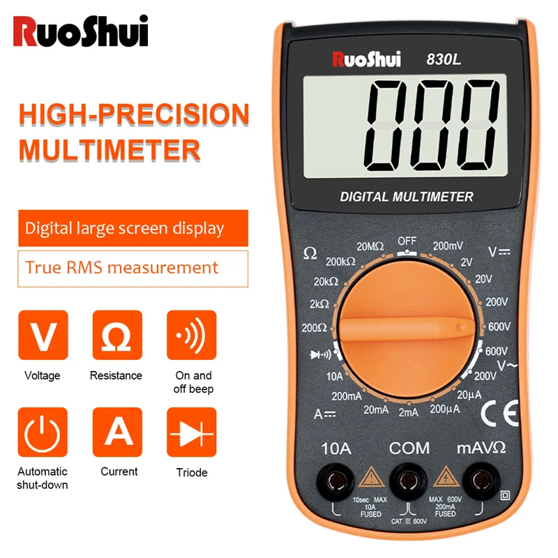 

RuoShui 830L Mini Multimeter Voltage Current Resistance Tester LCD Backlight DC Voltmeter Ammeter with Probe Digital Multimetro