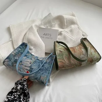 Women's Shoulder Bag Cute Simple Handbags and Purses Female Travel Small Totes Underarm Bags Autumn Trendy New Oil Painting