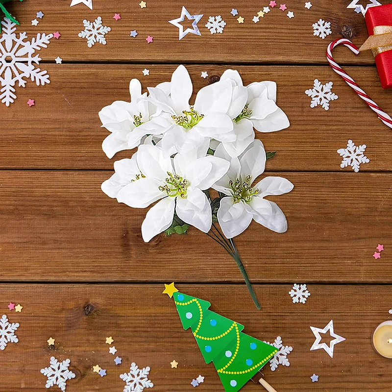 35 cm künstliche Weihnachtsstern-Büsche, künstliche 7 Köpfe, weiße rote Seide, künstlicher Weihnachtsblumenstrauß für Zuhause, Hochzeit, Party, Dekoration – Detail 6