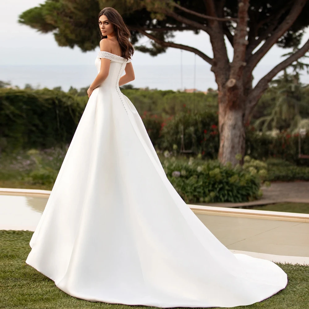 Simple Strapless Wedding Dresses Off The Shoulder Beads V Neck Bridal Grown Floor Length Satin A Line Vestidos De Novia 2024 2
