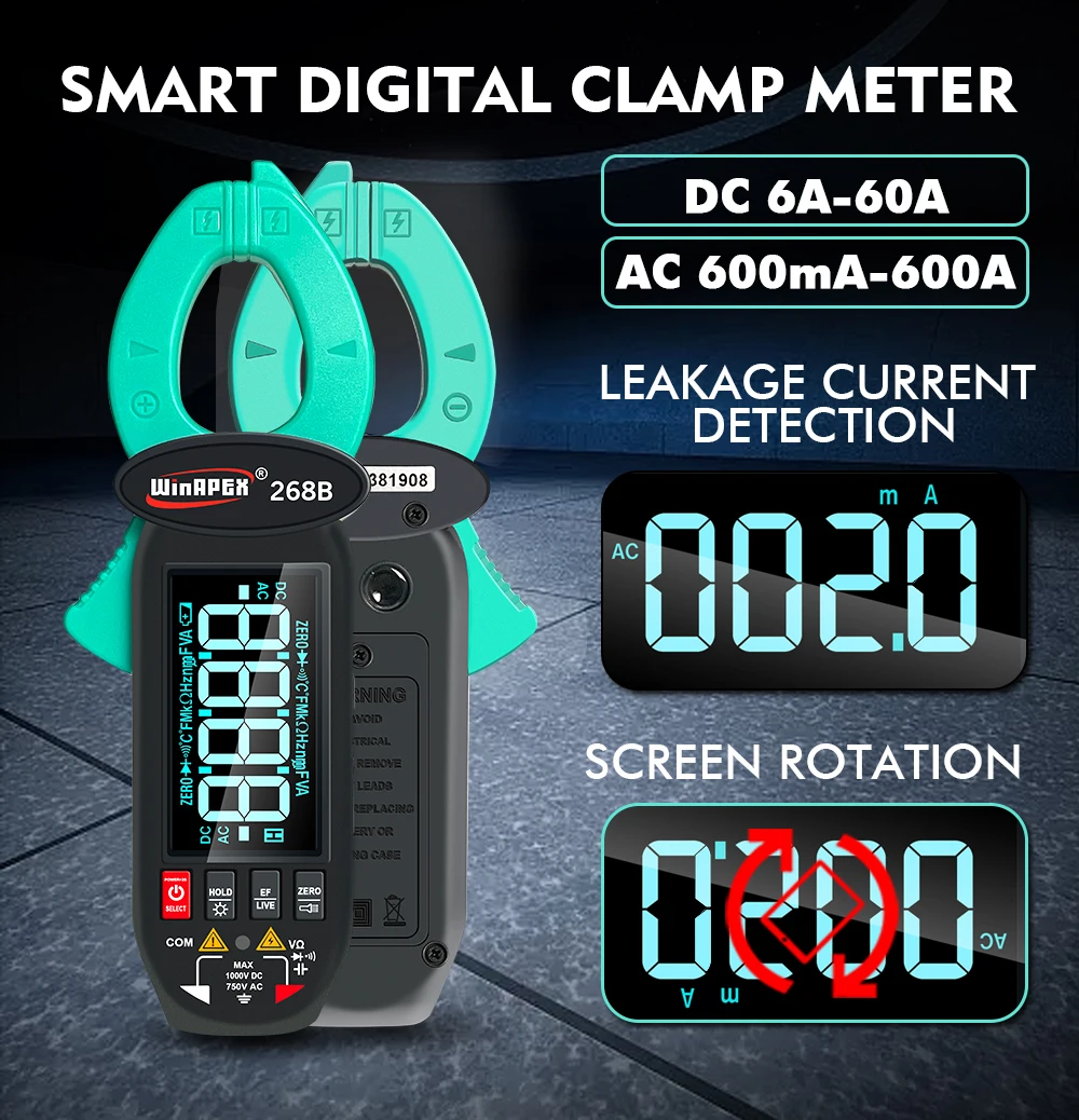 268B Digital Clamp Meter 60A 1000V AC DC Current Clamp True RMS Clamp Amperemeter Voltmeter Diode Temperature Capacitance Tester 2