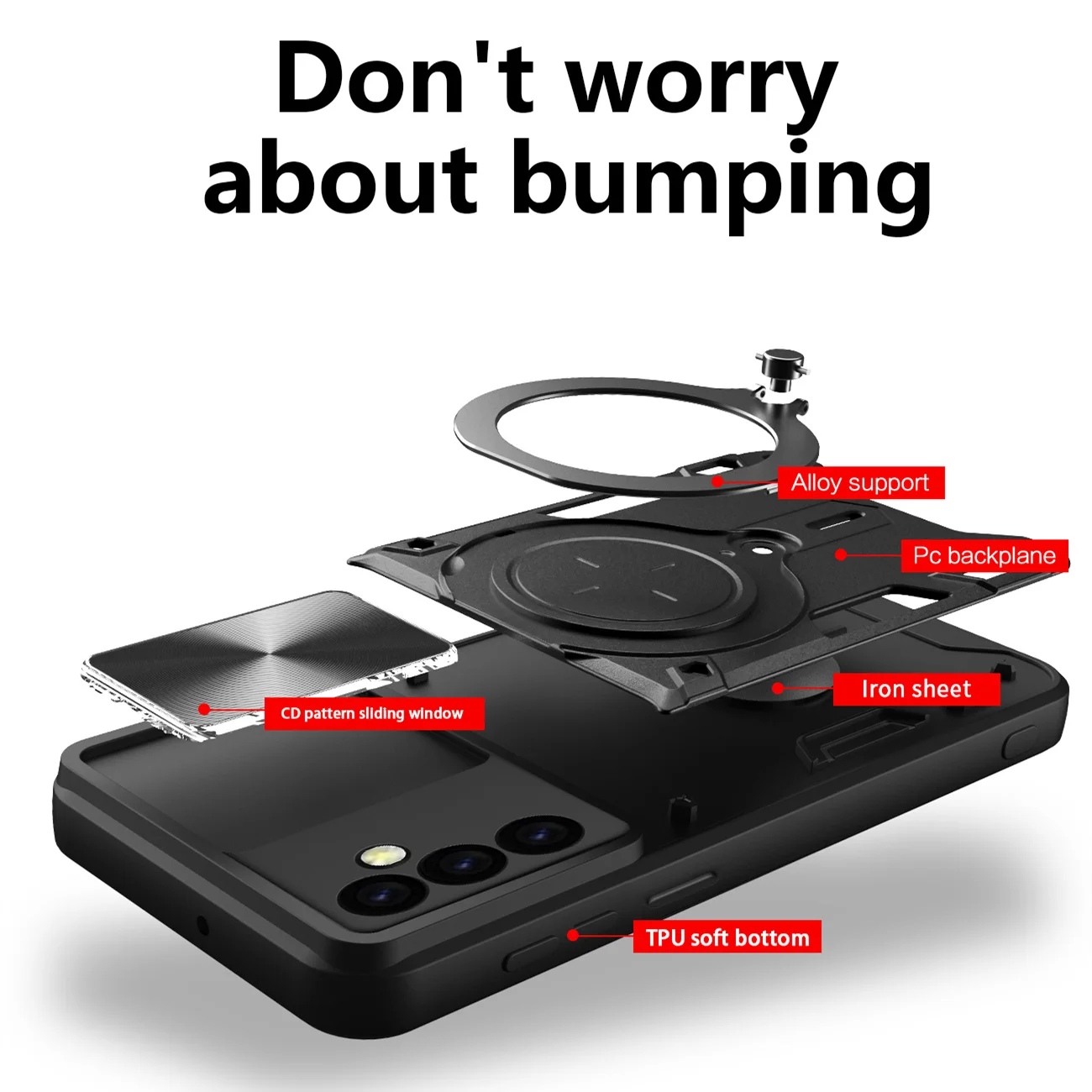 Slide Camera Lens Protective Case with Magnetic Armor and Hybrid Metal Ring Back Cover