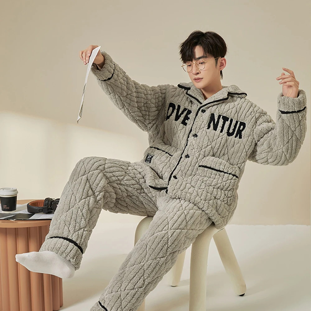 3-Layer Coral Fleece Super Thicken Men's Winter Sleeping Pajamas Set for Sleeping Warm Windproof Sleepwear Casual Plaid Pajama