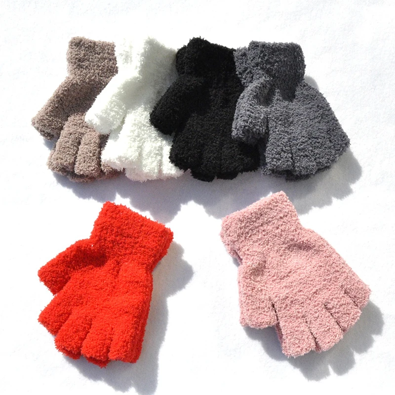 

1 Pairs Women Coral Fleece Half-fingers Gloves Comfort Soft Furry Solid Color Couple Mittens Ladies Winter Warmer Plush Gloves