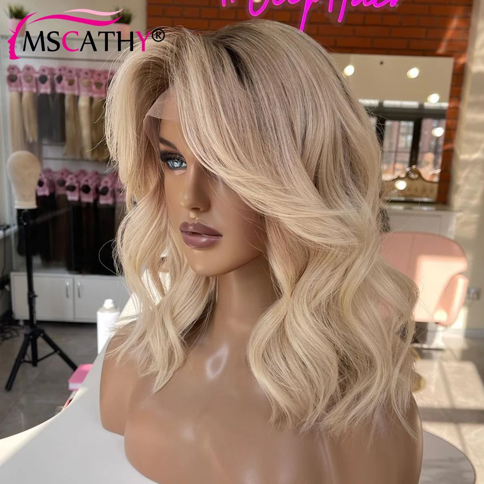 Ash Blonde Ombre Human Hair Wigs For Women Body Wave HD Transparent Lace Frontal Wig Brazilian Remy Hair Short Bob Wig Pre Pluck - Image 3