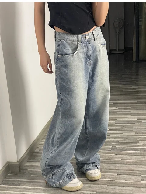 Ins mode américaine rétro Baggy taille haute jean femme haute rue Denim pantalon réversible pantalon Streetwear jean ample 2