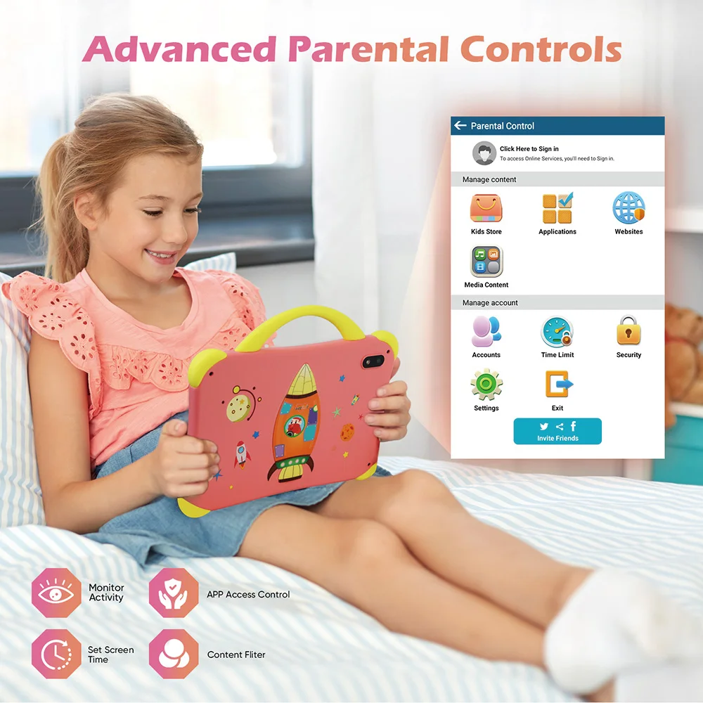 Tablet Android per bambini da 7 pollici, 6GB RAM 32GB ROM (espansione TF 512GB) WiFi Tablet supporta SIM Card, custodia antiurto, doppia fotocamera, controllo parentale, app per bambini preinstallate