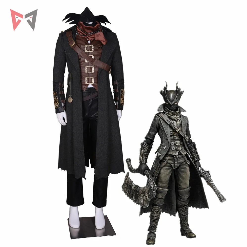 Mmgg Bloodborne Cosplay The Hunter Alphwig Costume Cosplay Gilet In Pelle Cappotto Pantaloni Cappello Sciarpa Orologio Collana Maschera 14 Pezzi Set