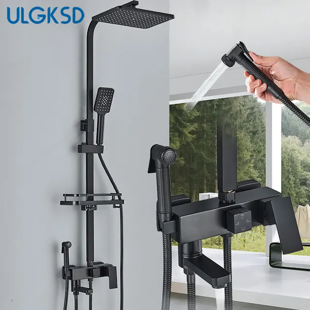 สีดําชุดฝักบัวก๊อกน้ํา 4 วิธีฝักบัวก๊อกน้ําระบบปรับ Mixer TAP สําหรับอาบน้ําฟรี Rack สายฝนโมเดิร์นก๊อกน้ําห้องน้ํา 1