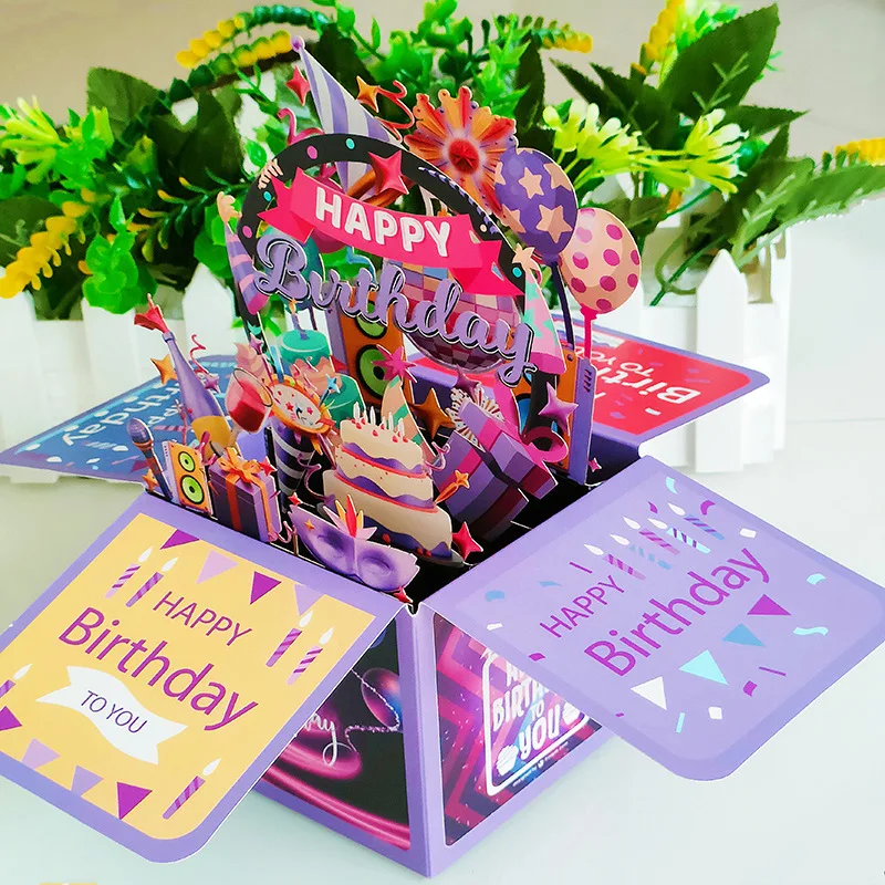 Purple Birthday Greeting Card 3D Pop Up Card Box with Envelope Happy Birthday Wishes Postcard Best Gifts for Kids Friends Mom