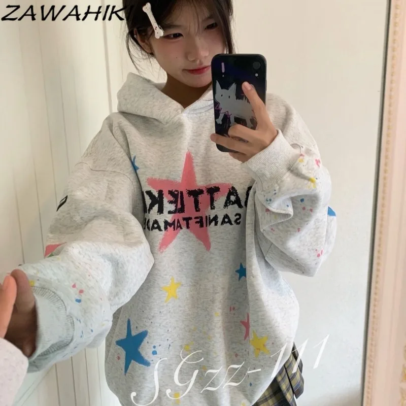 

ZAWAHIKI Sweatshirt Hoodie Women Letter Star Print American Hiphop Casual Loose Fashion All Match Y2K Aesthetic Tops Mujer