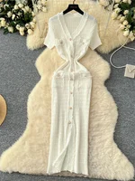 SINGREINY High Quality Elastic Knitted Long Sundress Women Short Sleeves Button Design Office Lady Vintage Split Slim Dress - Image 5