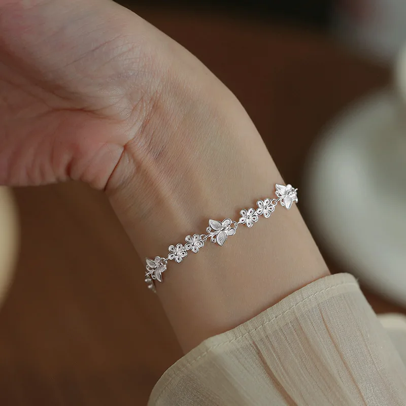 Butterfly Flower Silver Bracelets for Women Fashion Korean Designer Frosted Bead Bracelet Beautiful Party Wedding Jewelry Gift