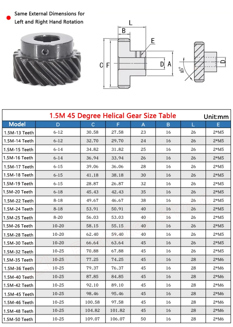 1.5M 45 Degree Helical Gear 12 13 14 15 16 18 19 Teeth 45# Steel Left/Right Spiral Gear 1.5 Module Bore 6/8/10/12/14/15mm 1pcs