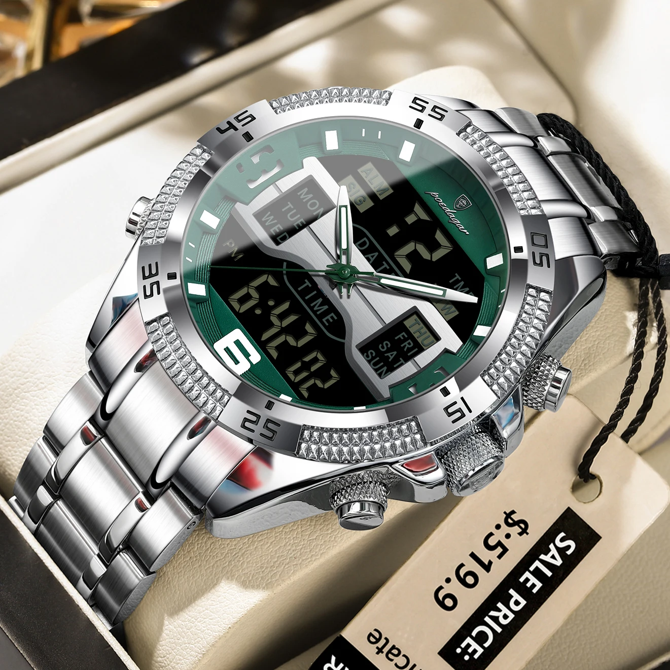 POEDAGAR Sports Luxury Man Wristwatch Dual Time Display Digital Week Date LED Luminous Men Watch Electronic Quartz Men's Watches