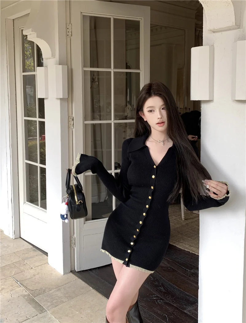 Elegant Knitted Mini Dresses for Women V-neck Flare Sleeve Bodycon Slim Party Dress Korean Fashion New Short Vestidos Mujer