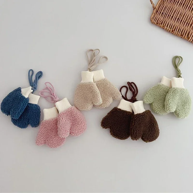Thicken Lamb Wool Warm Boys Girls Baby Gloves Winter Children Full Finger Gloves with Ropes Kid Cartoon Bear Snow Outdoor