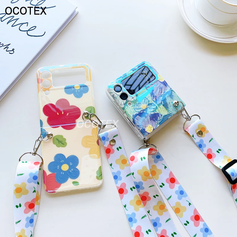 galaxy flip3 case Crossbody Strap Case For Samsung Galaxy Z Flip 3 Cover Blue Ray Oil Flowers Necklace Lanyard Chain Soft TPU Shell For Z Flip3 5G samsung flip3 case