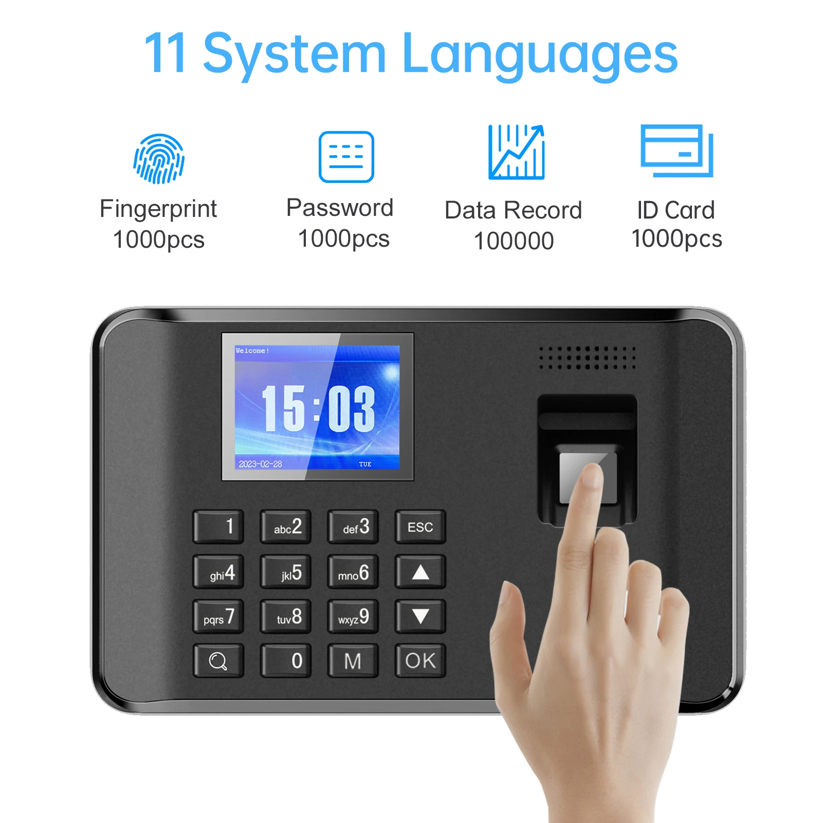 Fingerprint Password Attendance Machine Intelligent Biometric Time Clock Employee Checking-in Recorder 2.4 inch LCD Screen Voice