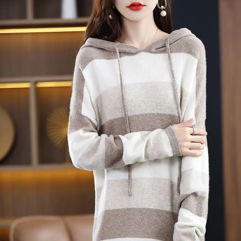 Female Loose Fashion Striped Hooded Knitted Dress 2023 Autumn Winter Women\'s Clothing Korean Elegant Long Sleeve Midi Dresses